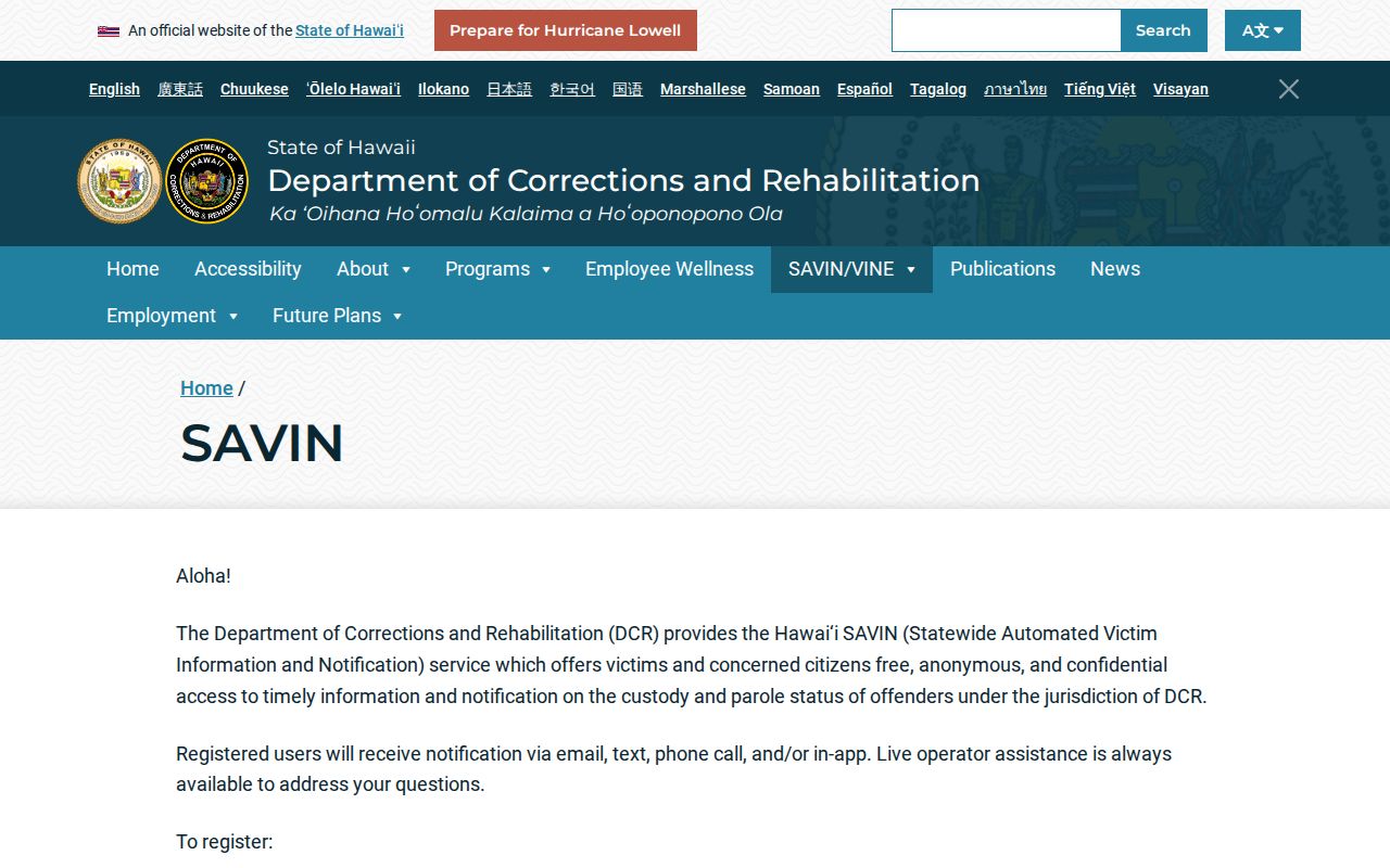 Kalawao County Hawaii SAVIN custody notification information