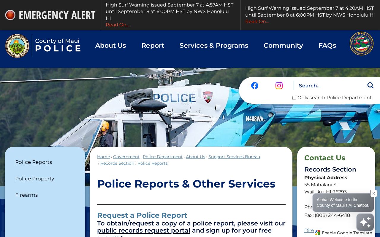 Official Maui Police report request page used when MPD controls a Kalawao-related record