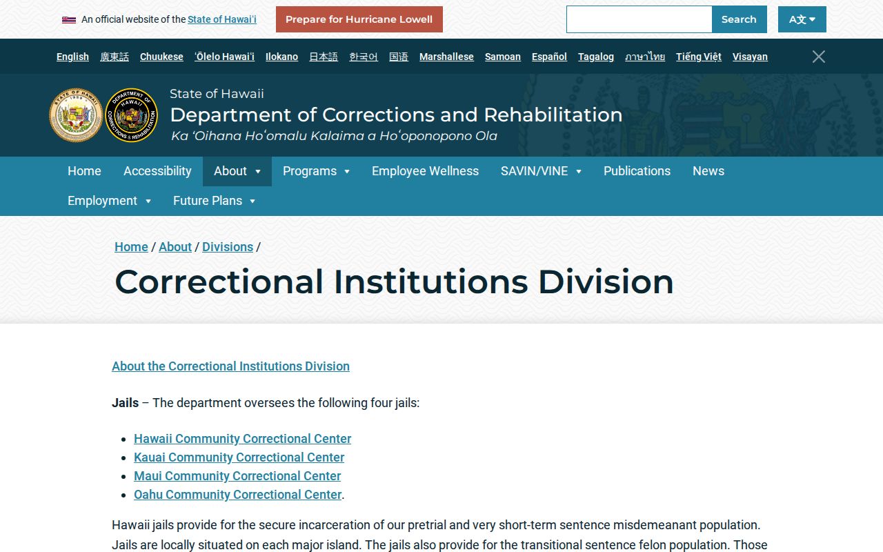 Hawaii DCR Corrections Division state jail information