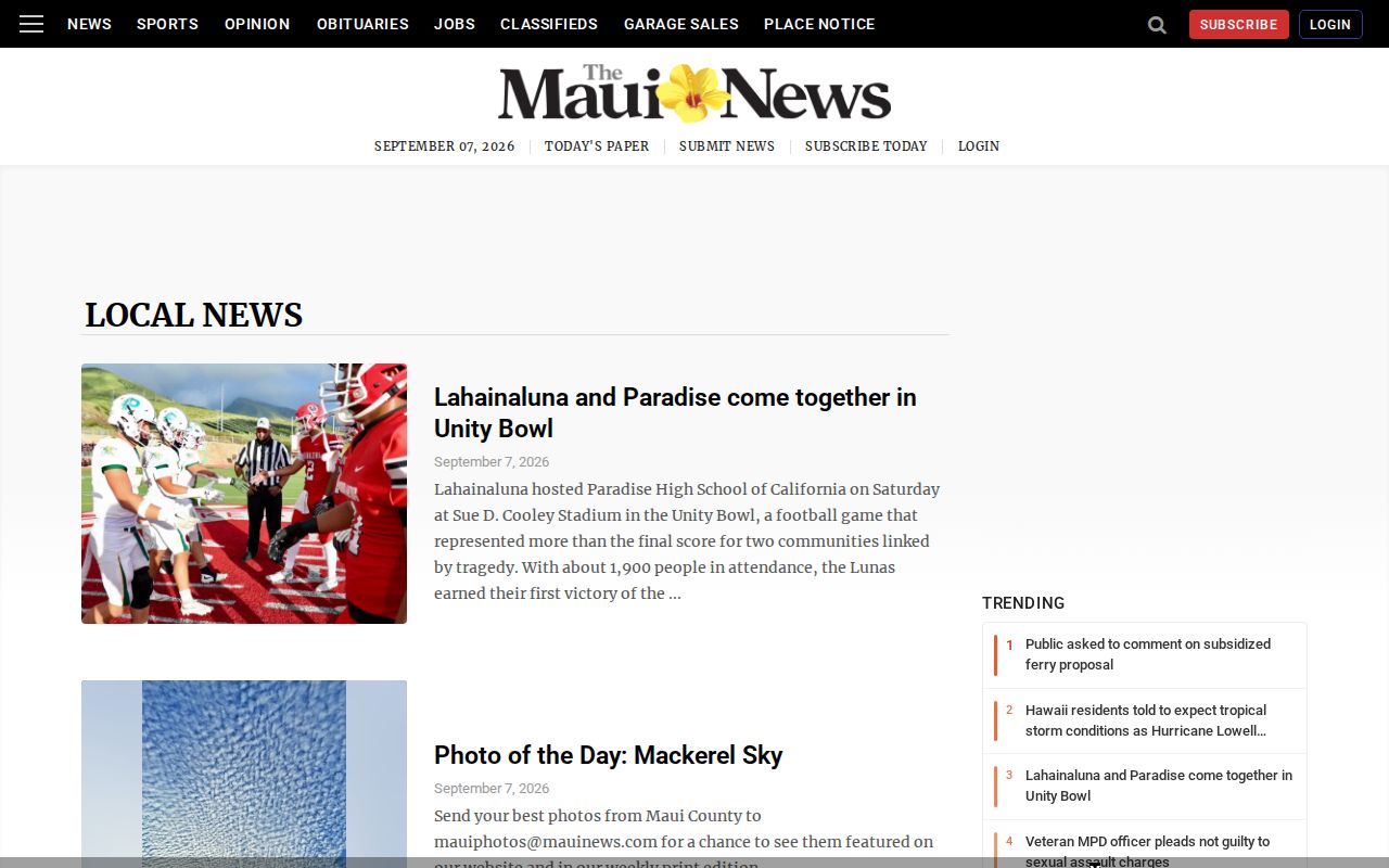Maui News local-news section used for selective Molokai-area reporting research