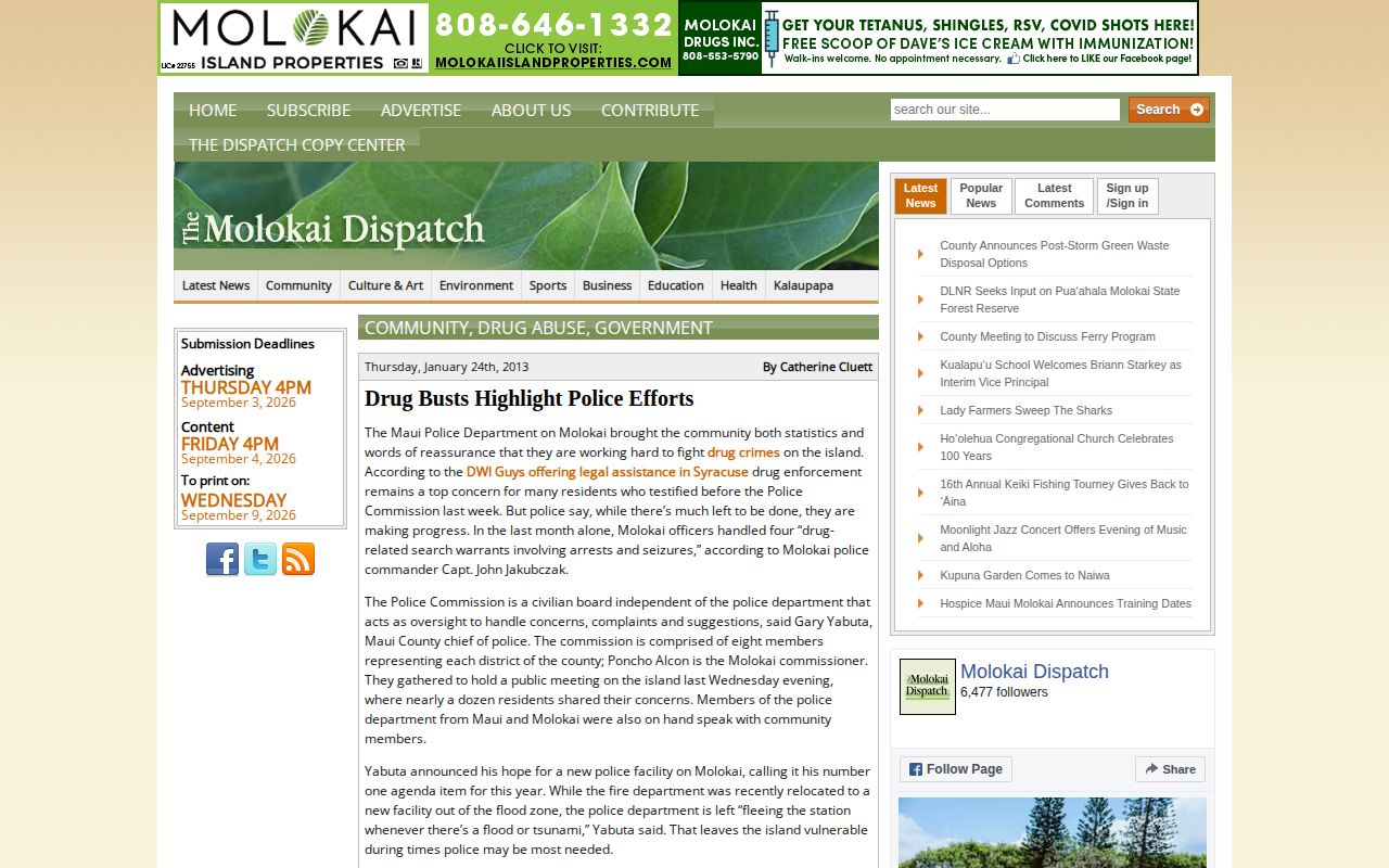 Molokai Dispatch local police coverage presented as a news example rather than a booking list