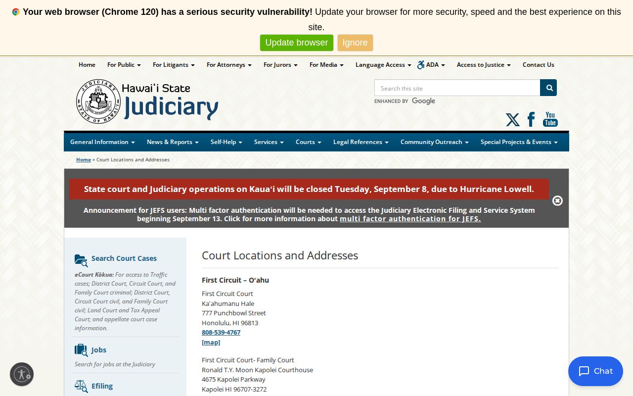 Hawaii Judiciary locations used for Kalawao circuit routing