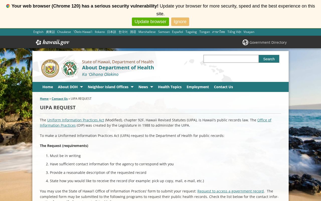 Hawaii Department of Health UIPA request instructions