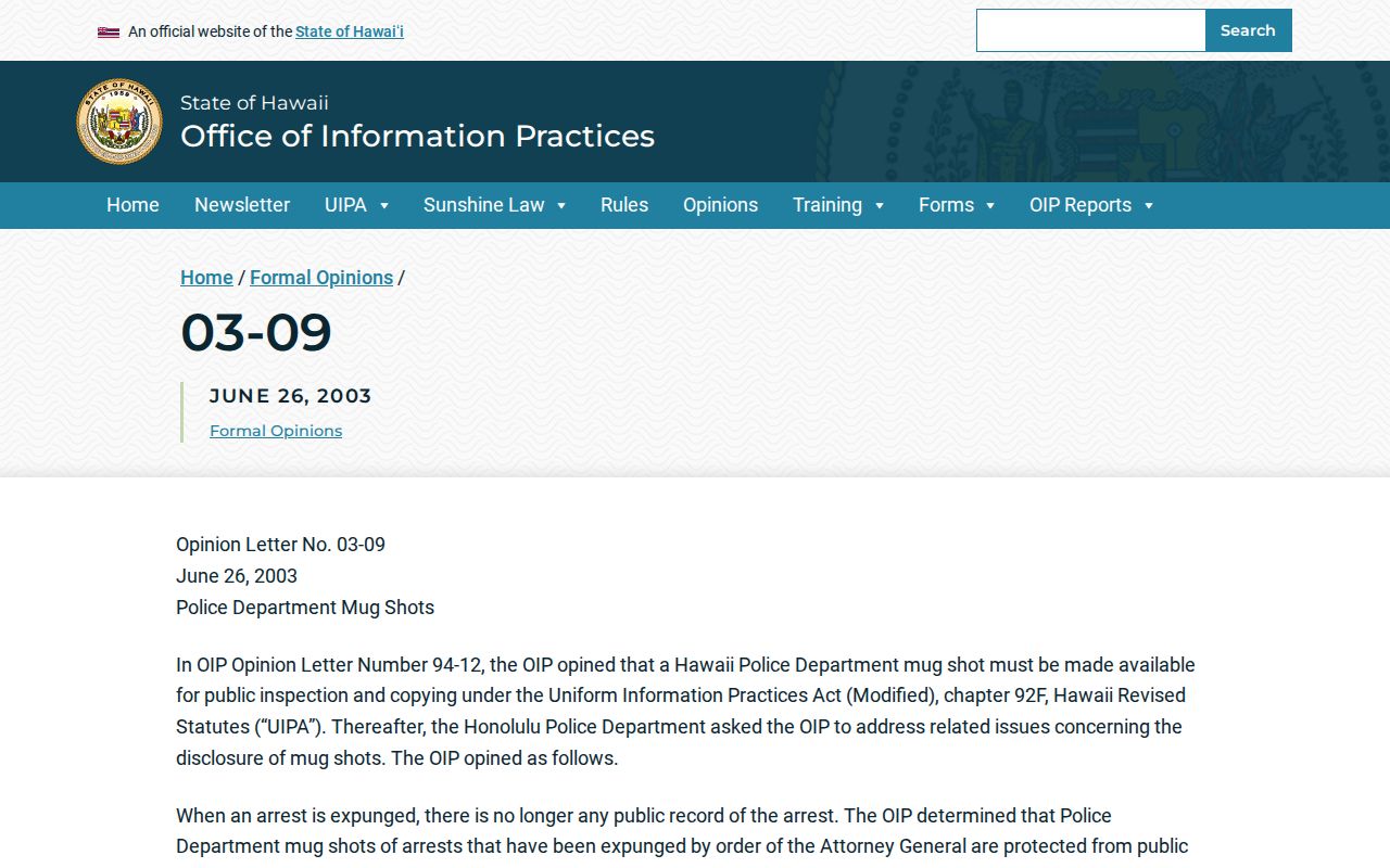 Hawaii OIP mugshot public-record opinion
